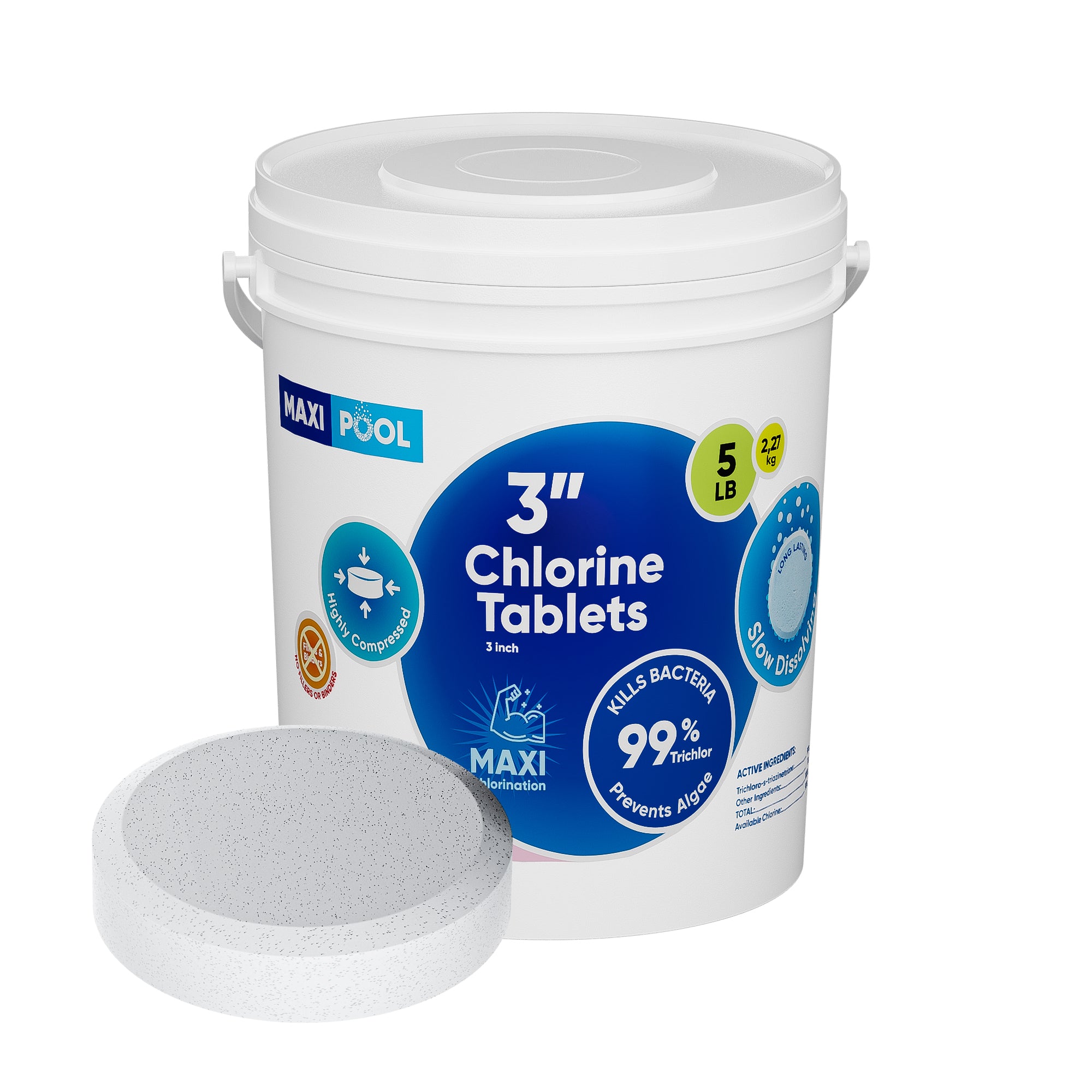 MAXI POOL 5-25 LBS 99% Chlorine For Pool - Slow Dissolving High-Quality Trichlor