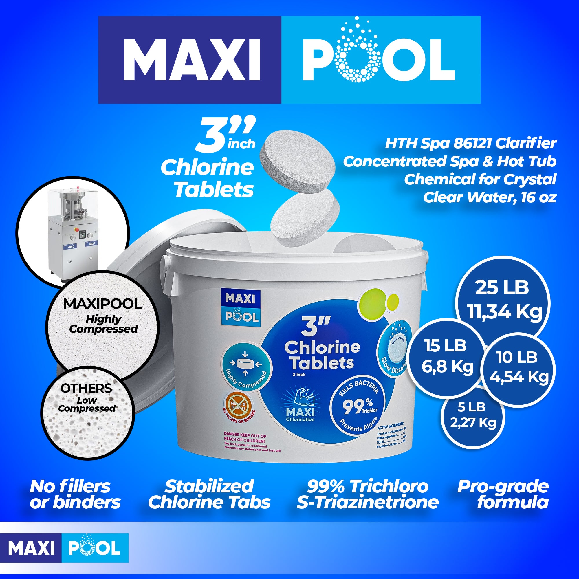 MAXI POOL 5-25 LBS 99% Chlorine For Pool - Slow Dissolving High-Quality Trichlor