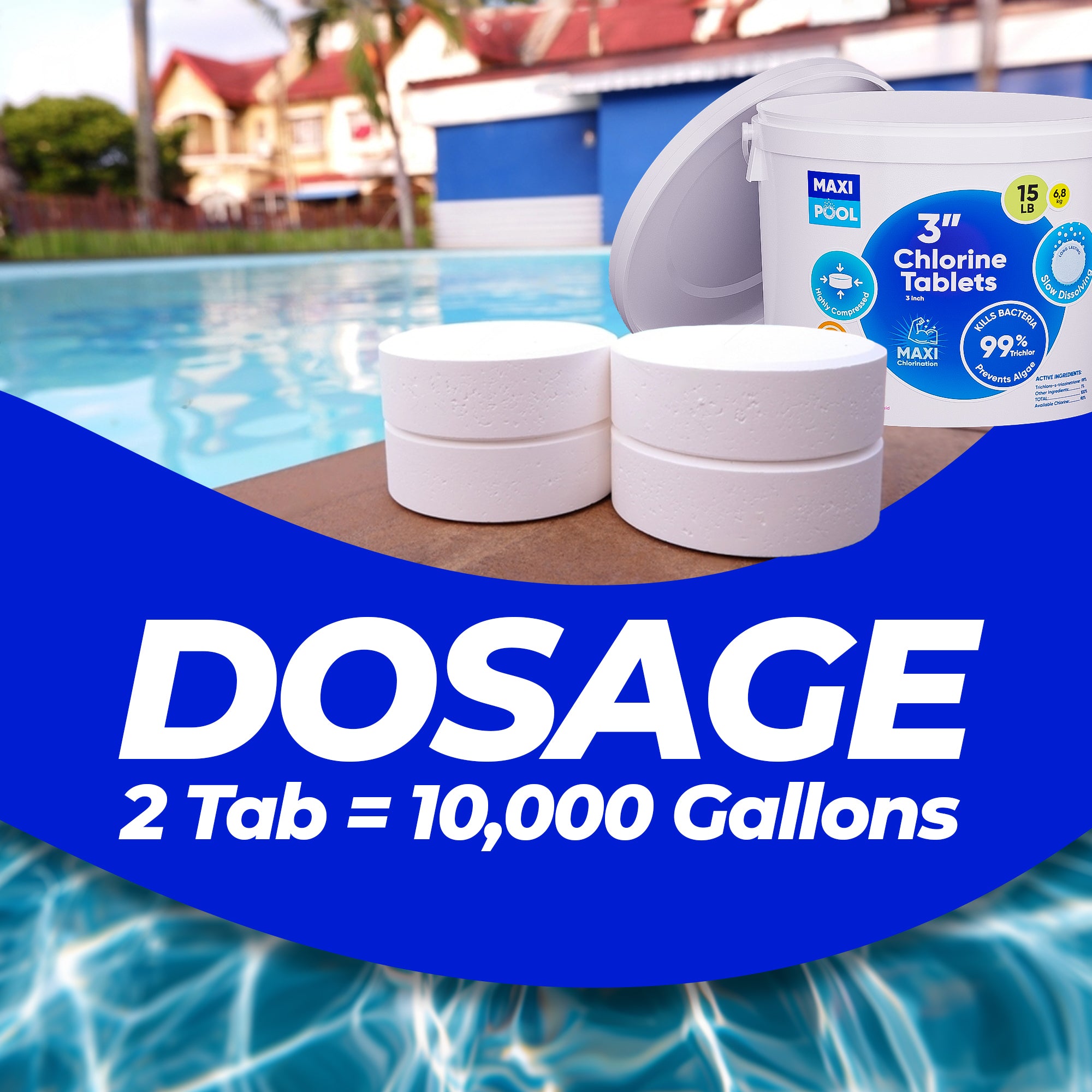 MAXI-POOL 3” Inch Advanced Stabilized Chlorine Tablets for Sanitizing Swimming Pools/Hot Tubs - Best Value Slow-Dissolve 99+% Available Tri-Chlor Compressed UV Chemical Tabs - Buckets 5lb