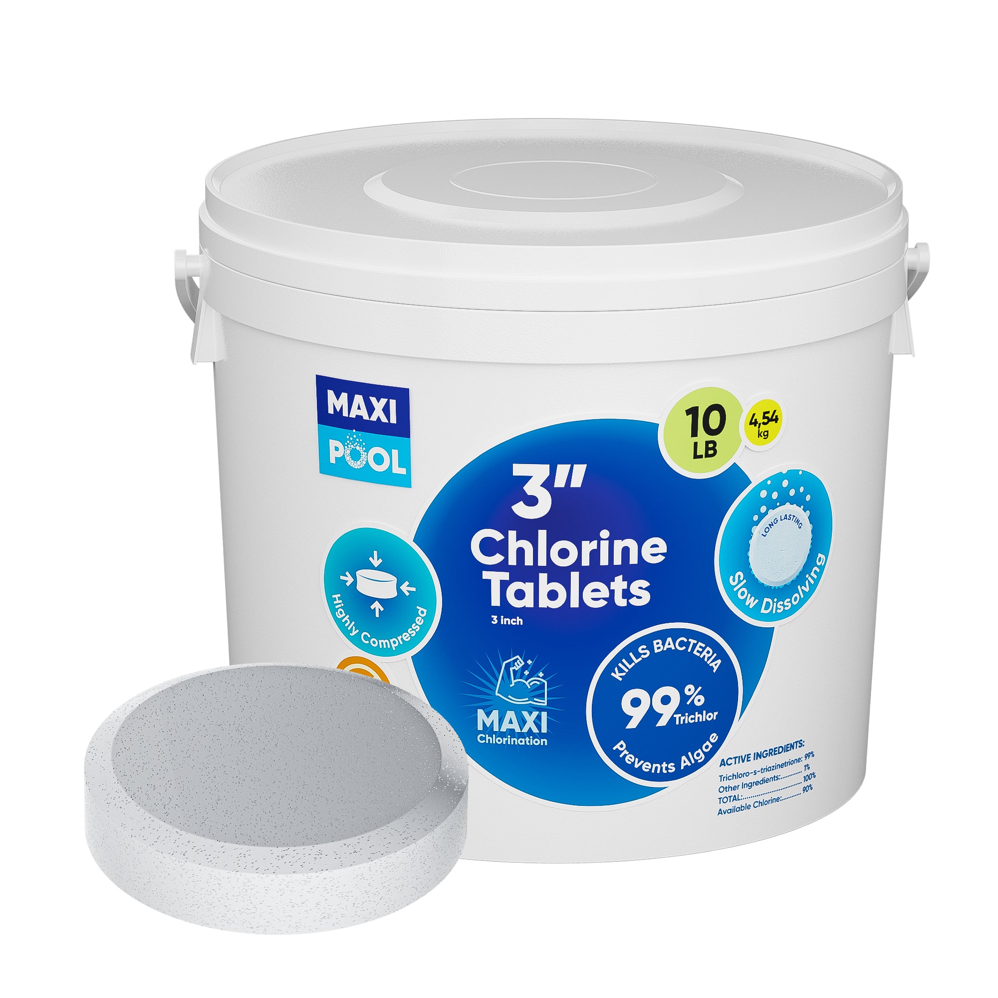 MAXI POOL 5-25 LBS 99% Chlorine For Pool - Slow Dissolving High-Quality Trichlor