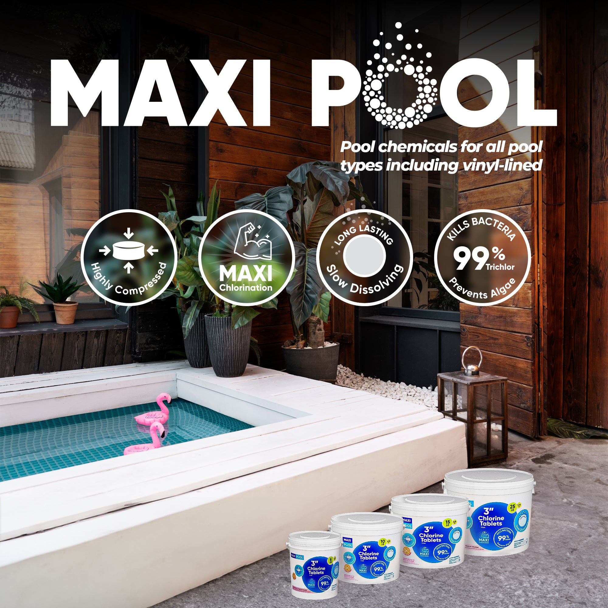 MAXI-POOL 3” Inch Advanced Stabilized Chlorine Tablets for Sanitizing Swimming Pools/Hot Tubs - Best Value Slow-Dissolve 99+% Available Tri-Chlor Compressed UV Chemical Tabs - Buckets 5lb