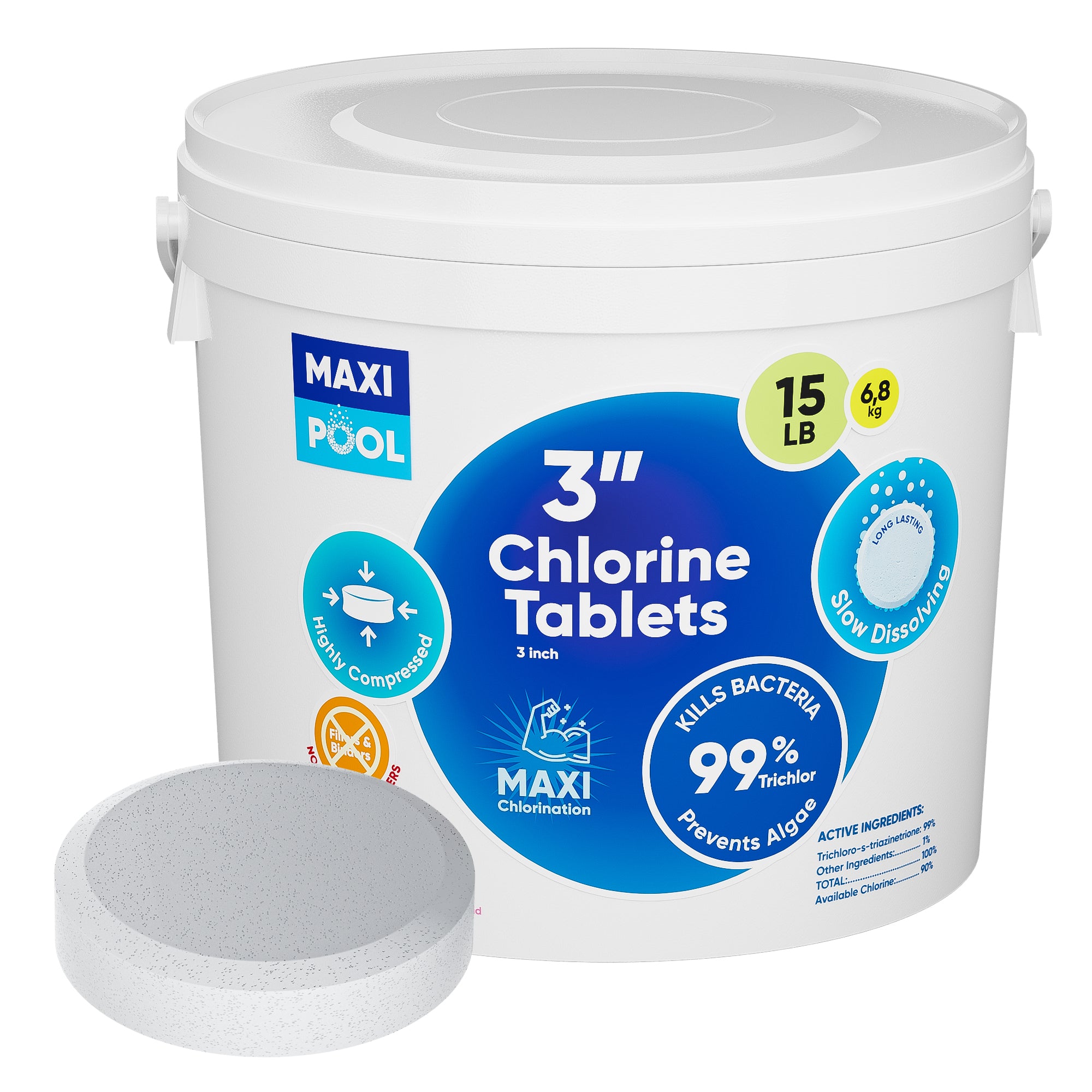 MAXI POOL 5-25 LBS 99% Chlorine For Pool - Slow Dissolving High-Quality Trichlor