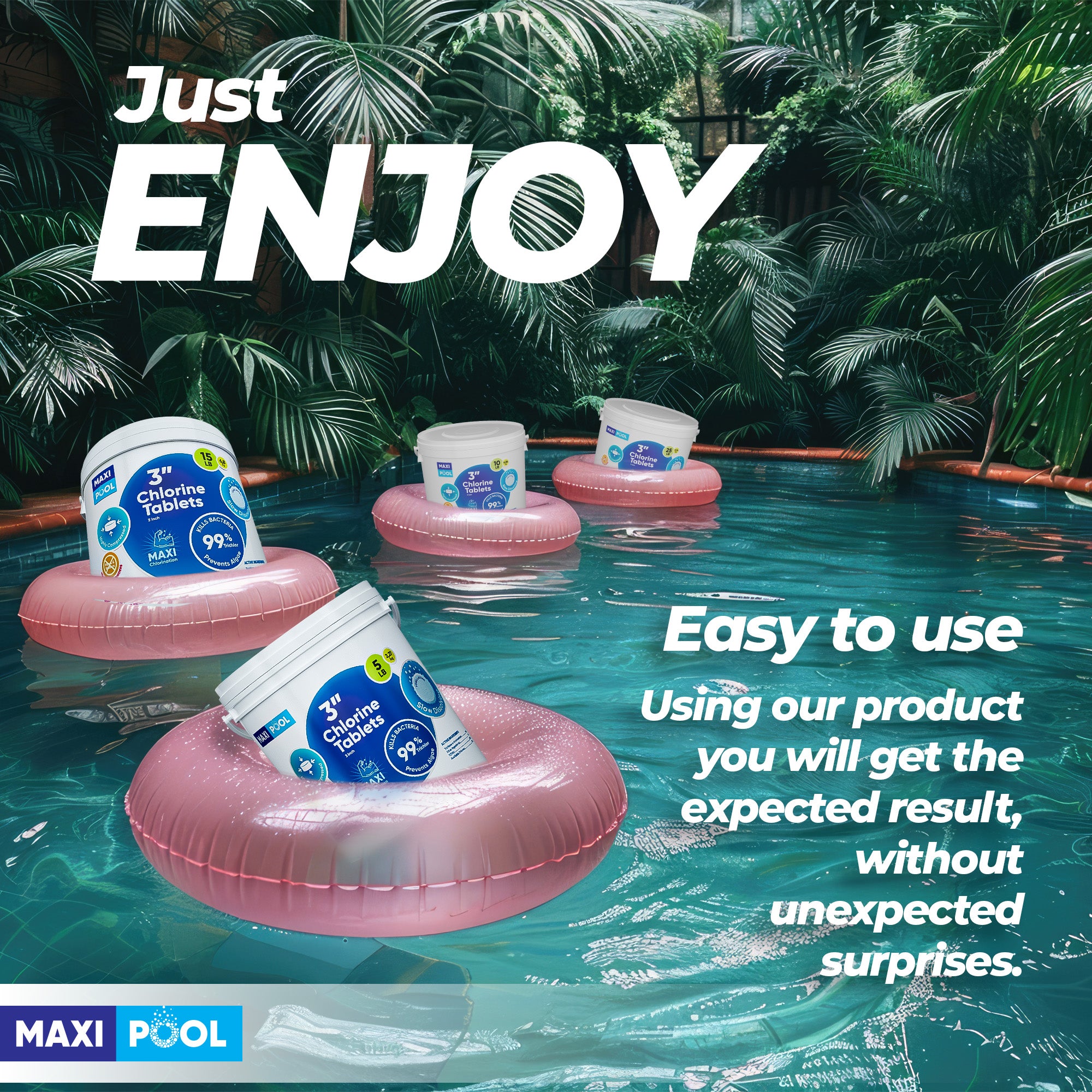 MAXI-POOL 3” Inch Advanced Stabilized Chlorine Tablets for Sanitizing Swimming Pools/Hot Tubs - Best Value Slow-Dissolve 99+% Available Tri-Chlor Compressed UV Chemical Tabs - Buckets 5lb