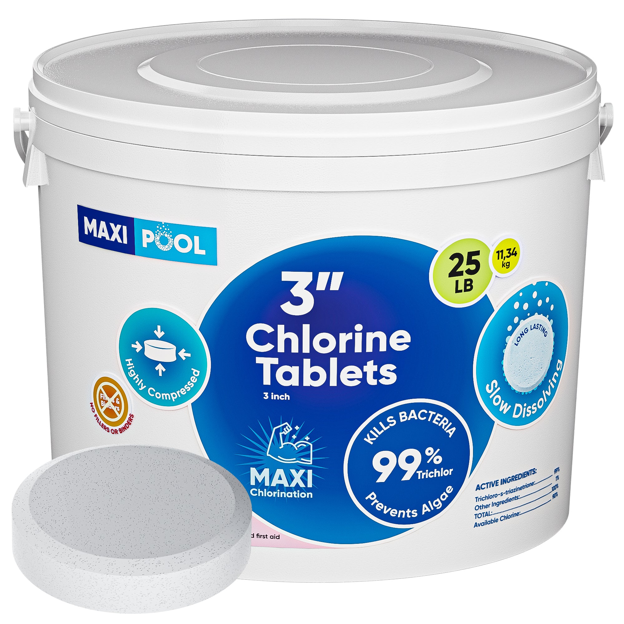 MAXI POOL 5-25 LBS 99% Chlorine For Pool - Slow Dissolving High-Quality Trichlor