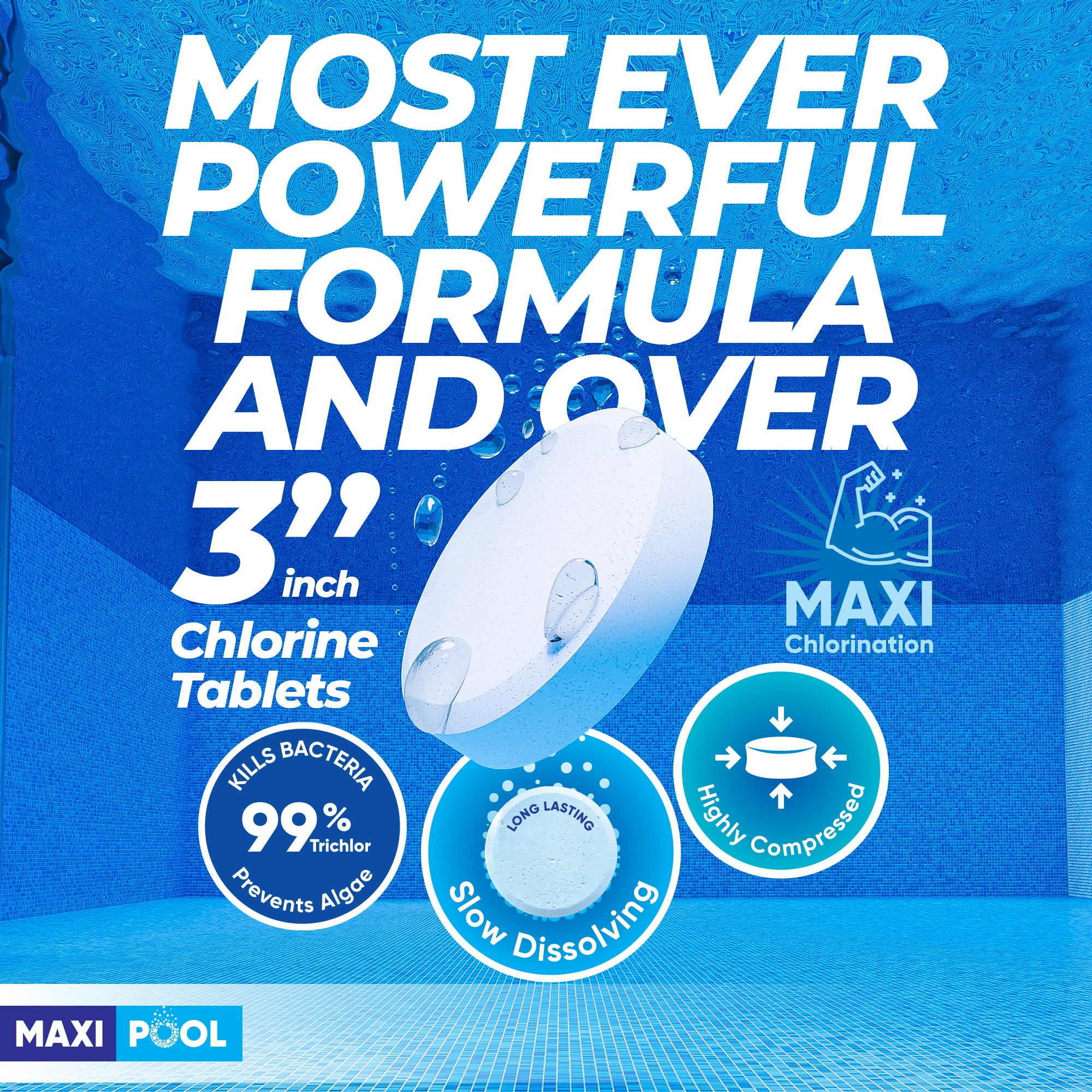 MAXI-POOL 3” Inch Advanced Stabilized Chlorine Tablets for Sanitizing Swimming Pools/Hot Tubs - Best Value Slow-Dissolve 99+% Available Tri-Chlor Compressed UV Chemical Tabs - Buckets 5lb