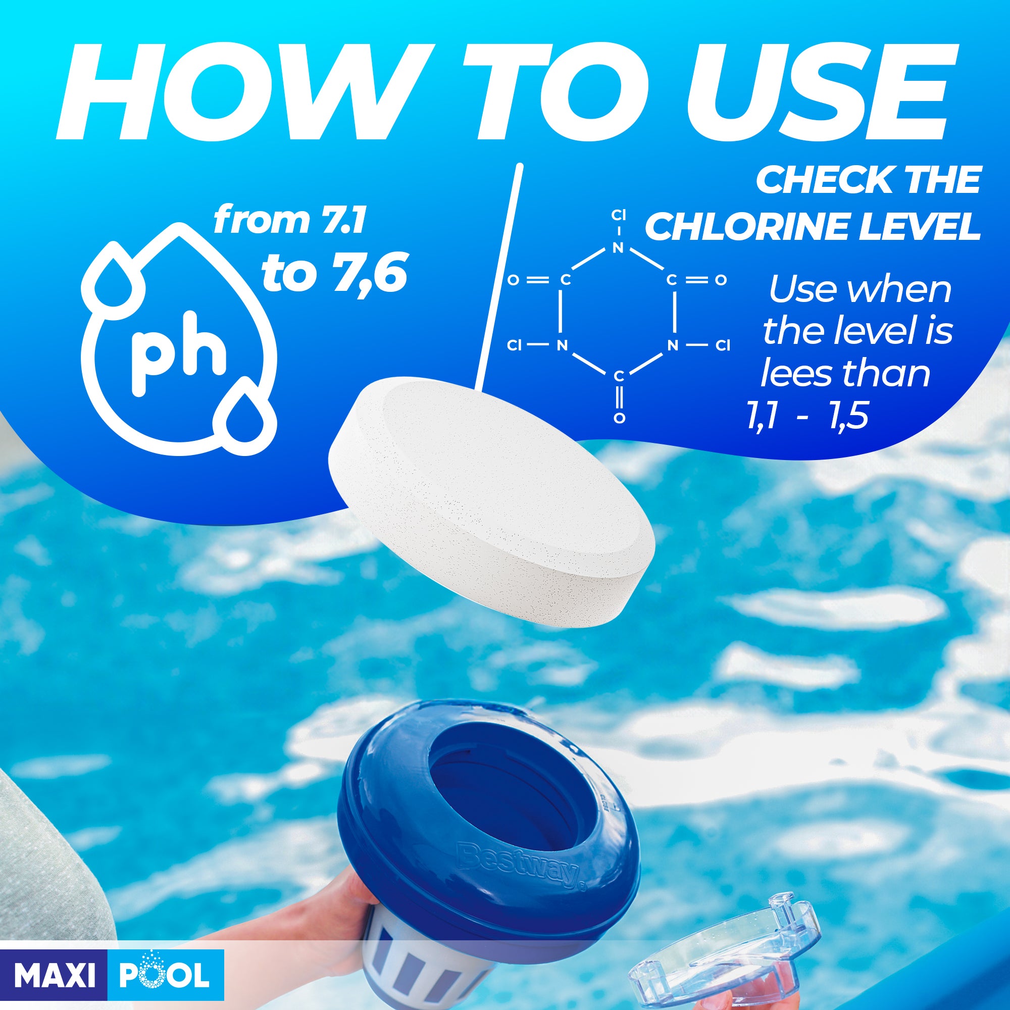 MAXI-POOL 3” Inch Advanced Stabilized Chlorine Tablets for Sanitizing Swimming Pools/Hot Tubs - Best Value Slow-Dissolve 99+% Available Tri-Chlor Compressed UV Chemical Tabs - Buckets 5lb