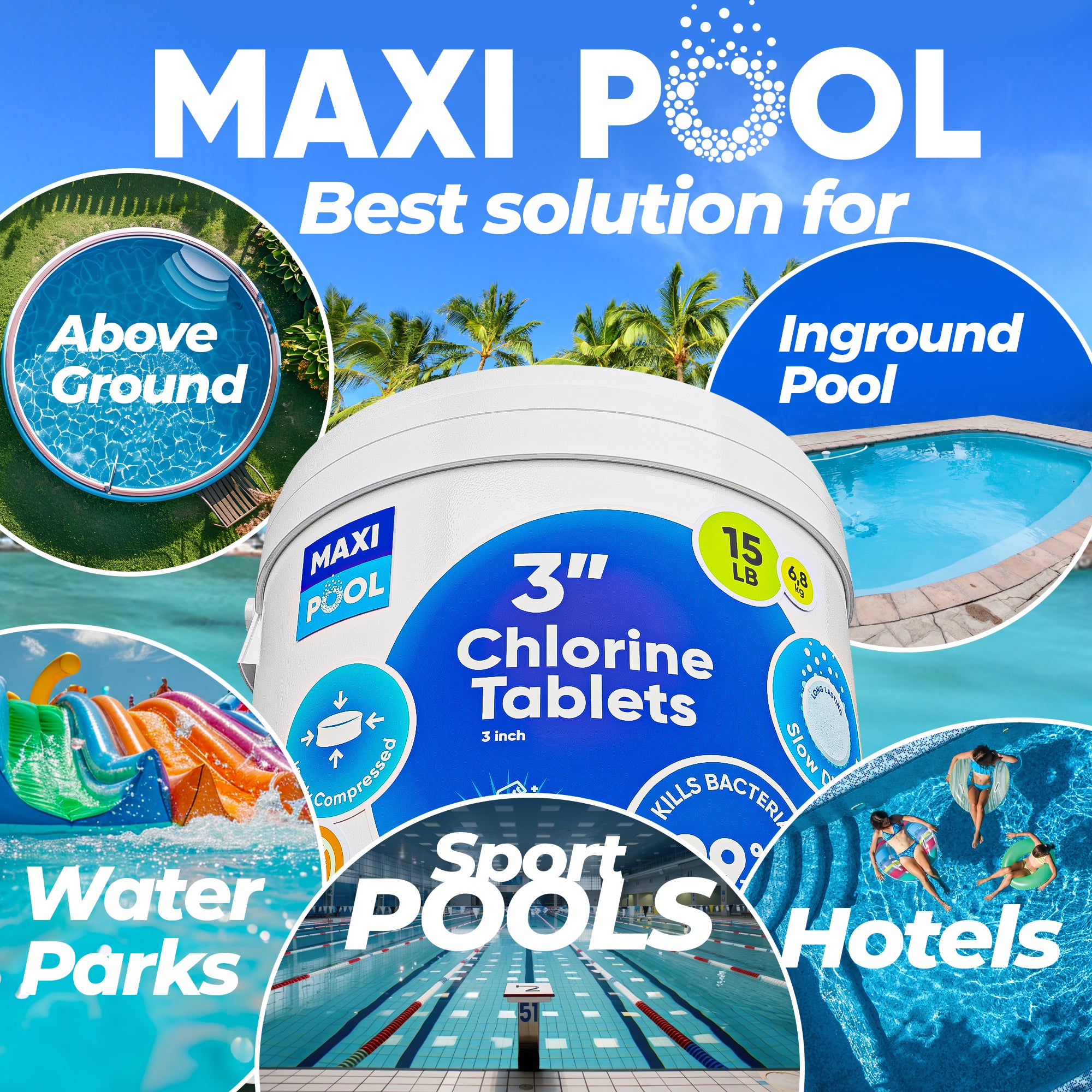 MAXI POOL 5-25 LBS 99% Chlorine For Pool - Slow Dissolving High-Quality Trichlor