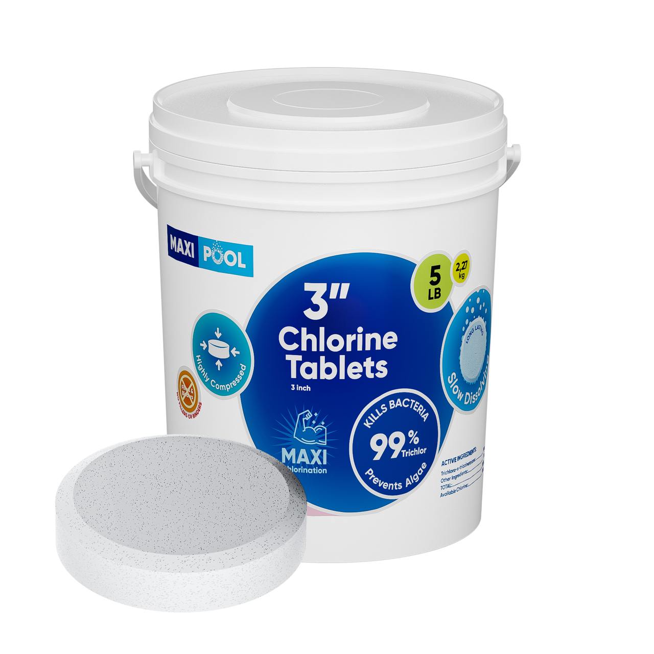 MAXI-POOL 3” Inch Advanced Stabilized Chlorine Tablets for Sanitizing Swimming Pools/Hot Tubs - Best Value Slow-Dissolve 99+% Available Tri-Chlor Compressed UV Chemical Tabs - Buckets 5lb